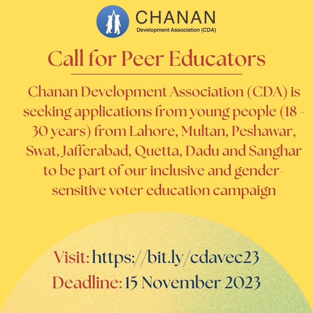 cdapak's tweet photo. We are seeking applications from youth, 18 - 30 years from Lahore, Multan, Peshawar, Swat, Jafferabad, Quetta, Dadu & Sanghar to be part of inclusive & gender-sensitive voter education campaign.
For more info & application: https://t.co/JNSRR7I8Y4 by 15 Nov'23 #CDAPAK #MeraVote https://t.co/ydNgtSZ9R1