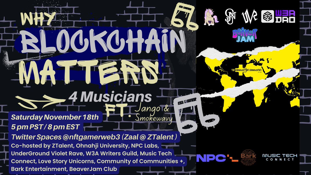 Join us for 'Why Blockchain Matters 4 Musicians' on Nov 18th, and dive deep into the harmony of music and technology. #BlockchainMusic #MusicRevolution

📅 Date: November 18, 2023 
⏰ Time: 5 PM PST / 8 PM EST🧵