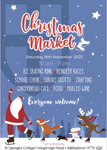 Our famous Christmas Market is back on 18th November 10am-3pm at the College. All welcome, lots of Christmas shopping for mums -and dads. 🛍️ Ice skating, ⛸️Santa’s Grotto, 🎅🏻 and crafting for the children Plenty of food &amp; drink for all 🍕 🥤 Parking places. 🚘 (KT15 2QS)