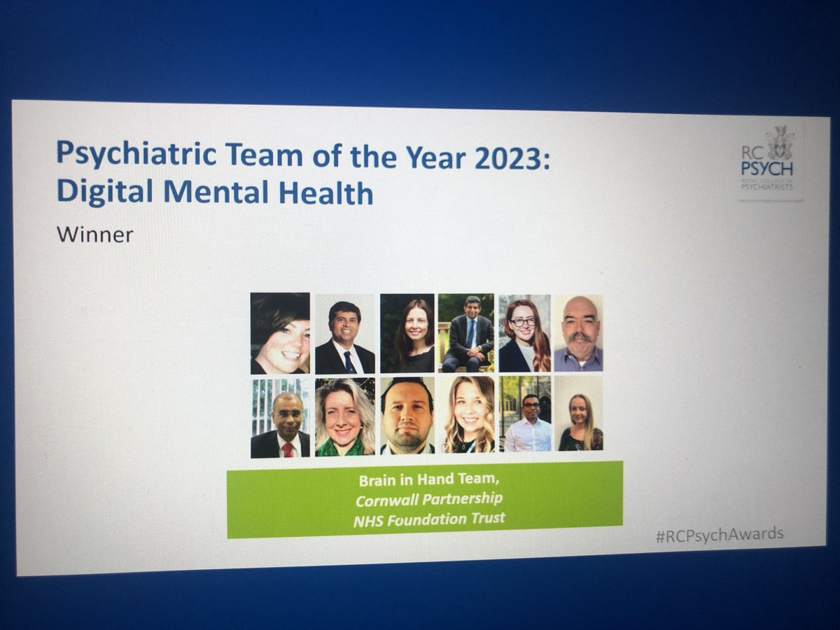 Congratulations2 <a href="/haritsa1/">Professor Rohit Shankar</a> &amp; <a href="/CornwallFT/">Cornwall Partnership NHS Foundation Trust</a> 4winning the inaugural <a href="/rcpsych/">Royal College of Psychiatrists</a> #digital #mentalhealth team of the year!

Great work by <a href="/rcpsychDPSIG/">RCPsych Digital Psychiatry SIG</a>  4raising profile of #digital within the rcpsych 
<a href="/Nye_Ndebele/">Dr Faith Ndebele</a> <a href="/DrRomyGad/">Dr Romy Gad</a> <a href="/Asifmbachlani/">Asif M Bachlani</a> <a href="/LJ_Ali1/">Dr Lia ‘biopsychosocial’ Ali</a> <a href="/ITDocPaul/">Paul Bradley</a> <a href="/subodhdave1/">Subodh Dave ☘️🌻🌞 Humanising Medicine</a> <a href="/RuncimanRoss/">Ross Runciman</a>