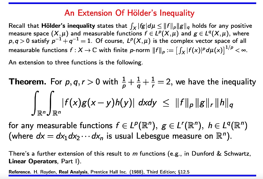 SamuelGWalters's tweet image. Hölder’s Inequality can be extended to three or more functions, but in a particular way. Here, it&apos;s stated for three functions (one of which acts like a &quot;kernel&quot;). #math #calculus #MeasureTheory