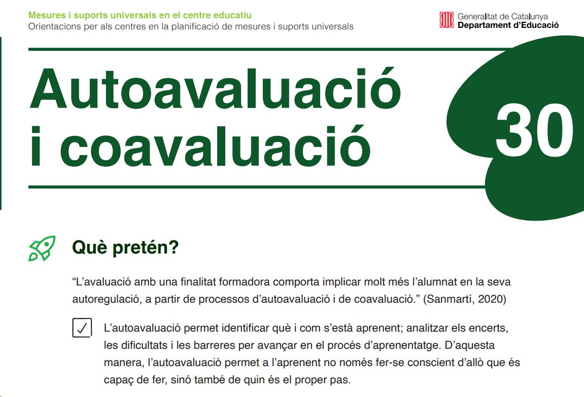 🟢L’autoavaluació i la coavaluació comporten una implicació de l’alumnat amb l’avaluació entesa amb una finalitat formadora i d’autoregulació.
Departament d'Educació
documents.espai.educacio.gencat.cat/documents_publ…