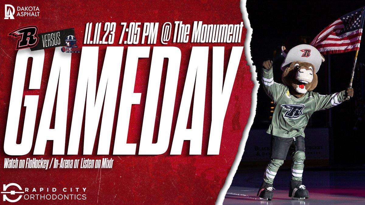 Time to honor those who served our great nation at our Veterans Day Game! 

🆚 <a href="/tulsa_oilers/">Tulsa Oilers</a> 
🕖 7:05 p.m.
📍 <a href="/TheMonumentRC/">The Monument</a> 
🎟️ bit.ly/Nov11VetsTix
💻 <a href="/FloHockey/">FloHockey</a> - flosports.link/3n9ucKg
🎧 <a href="/mixlr/">Mixlr</a> - mixlr.com/rapid-city-rush
🏒 Rapid City Orthodontics 
🚧 Dakota Asphalt LLC