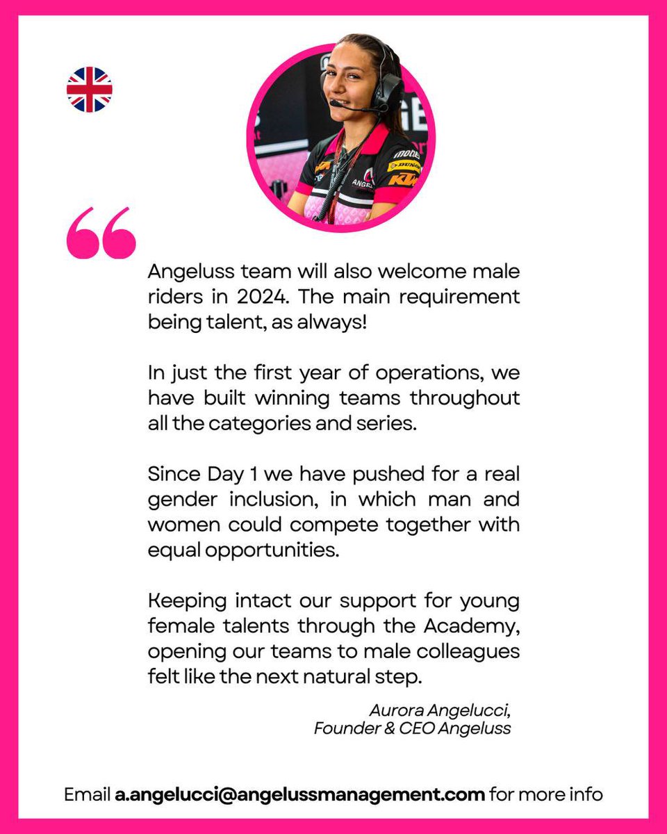 Angeluss Women Sport Management (@angeluss_wsm) on Twitter photo 11 #victories, 28 podiums 🏆
This is what the girls of the Angeluss team brought home in their FIRST year of operation.
Now we are extending the chance to #race in this fantastic and winning #team to the #male talent as well.
Email us at a.angelucci@angelussmanagement.com 📨 11 #victories, 28 podiums 🏆
This is what the girls of the Angeluss team brought home in their FIRST year of operation.
Now we are extending the chance to #race in this fantastic and winning #team to the #male talent as well.
Email us at a.angelucci@angelussmanagement.com 📨