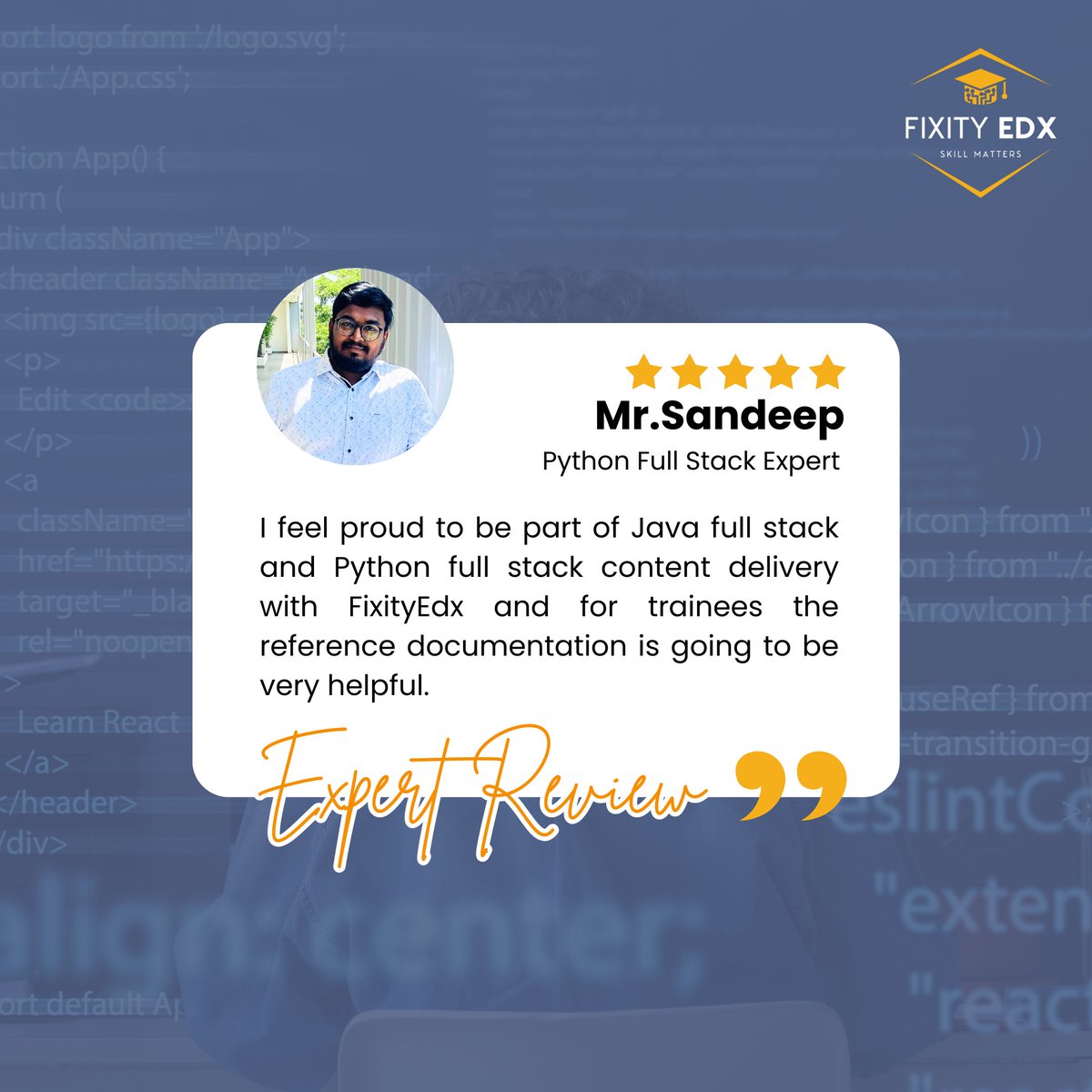 FixityEdx's tweet image. Meet Mr. Sandeep, @FixityEdx&apos;s Python Full Stack Expert! Excited to shape Java and Python content. Let&apos;s code and learn together! 
Stay tuned for  Mr. Sandeep&apos;s testimonial and turbocharge your Python Full Stack journey with Fixity EdX!
#FixityEDX #Fixitytech #fullstack #python