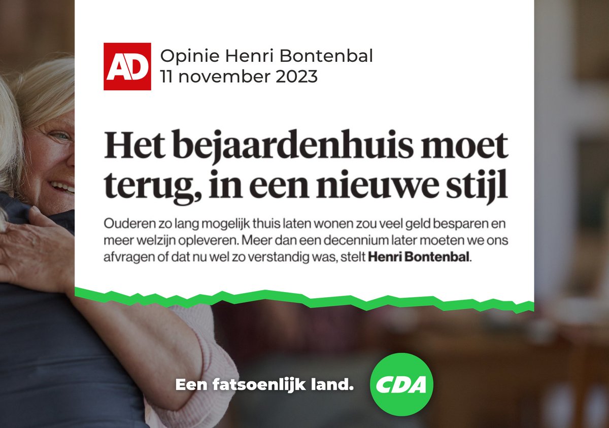 "Het gat tussen zelfstandig wonen en het verpleeghuis is te groot geworden." <a href="/HenriBontenbal/">Henri Bontenbal</a>

Het bejaardenhuis 'nieuwe stijl' overbrugt dat gat in de vorm van kleinschalige woonvormen in de eigen buurt. 

Resultaat is minder druk op de zorg en minder eenzaamheid onder ouderen.