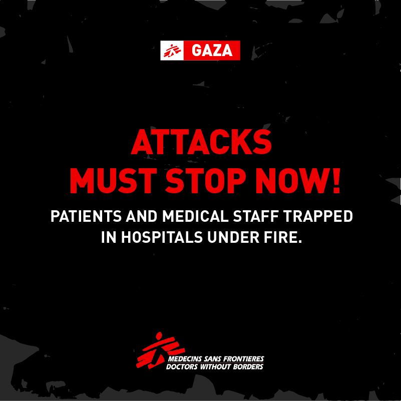 #GAZA MSF teams and hundreds of patients are still inside Al-Shifa hospital. MSF urgently reiterates its calls to stop the attacks against hospitals, for an immediate ceasefire and for the protection of medical facilities, medical staff and patients.