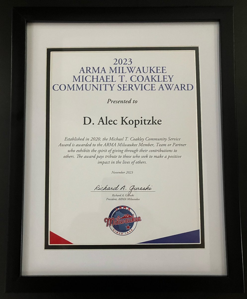 ArmaMilwaukee's tweet photo. Please join us in congratulating Alec Kopitzke of Godfrey &amp; Kahn, S.C. for being awarded the 2023 Michael T. Coakley Community Service Award from @ArmaMilwaukee! 🎉👏 https://t.co/fwVhHttTgY