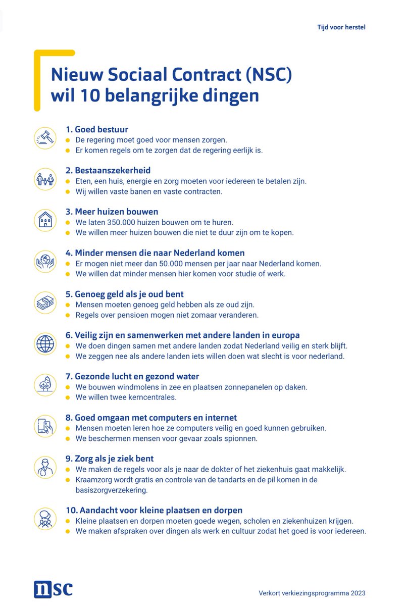 Ken jij of ben jij iemand die lezen moeilijk vindt? 
Hieronder staan 10 belangrijke punten van de partij van Pieter Omtzigt. Sla het op. Print het uit. Praat erover. En ga stemmen! 🖍️👊🏻
#Lijst19 #NSC