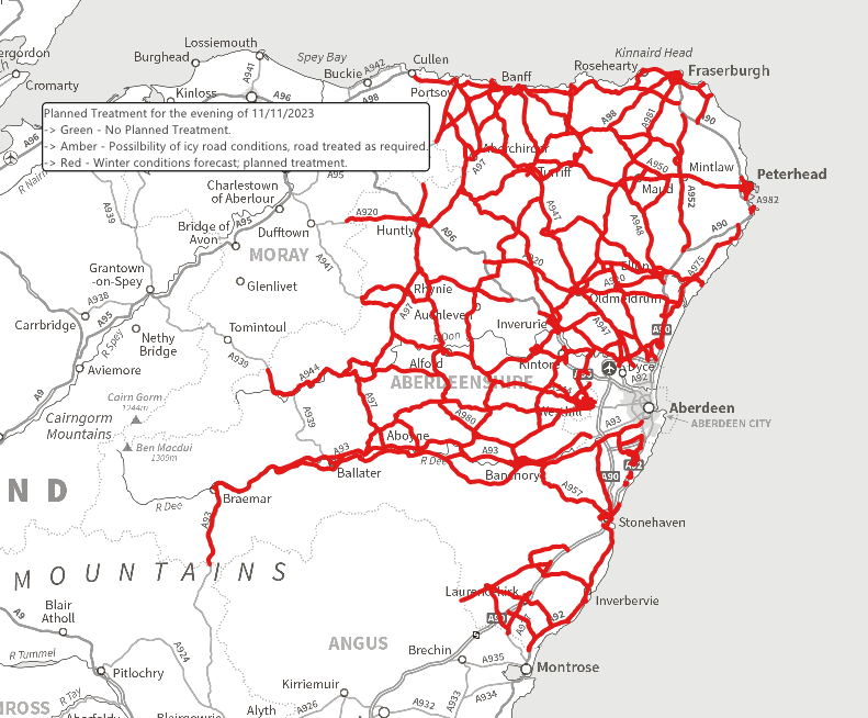 AbshireRoads's tweet photo. 🚛All 32 of our primary gritting routes will be receiving treatment from 15:30 today as road surface temperatures drop 🌡️overnight. 🚗Please drive to the road conditions. @Aberdeenshire #DriveSafe https://t.co/CcGxOUSSMF