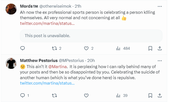 Many are questioning if the Martina Navratilova's tweet is real, given that the original can no longer be found.

Mounting evidence suggests that it is. Multiple screenshot have been taken of the tweet at different times and there are records of quote-tweets referencing it.