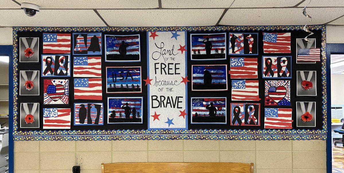 ChelseaPires23's tweet photo. On this 🇺🇸Veterans Day🇺🇸 we express our appreciation for all those who have served and are currently serving our country. ❤️🤍💙 A sampling of artwork Preschool-Fifth grade on display. @PrincipalOD @daniel_novak_WM https://t.co/nHdTDAAv9l