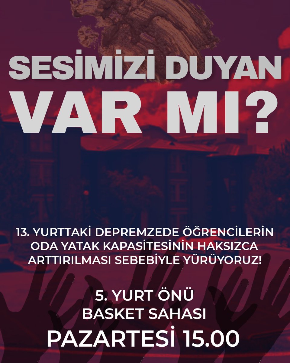 Yurtlarından şikayetçi olan herkesi bize destek için yanımıza çağırıyoruz. Ya hep beraber, ya hiçbirimiz! 

Yer: 5. Yurt Önü Basket Sahası
Zaman: Pazartesi 15.00