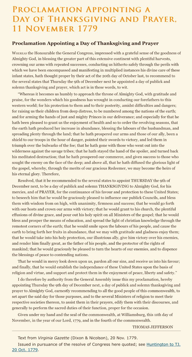 11 November 1779: Governor #ThomasJefferson of Virginia, architect of the “wall of separation between Church &amp; State,” issued a religious proclamation appointing “a day of publick and solemn thanksgiving and prayer to Almighty God.”

#WallOfSeparation #ThanksgivingProclamation