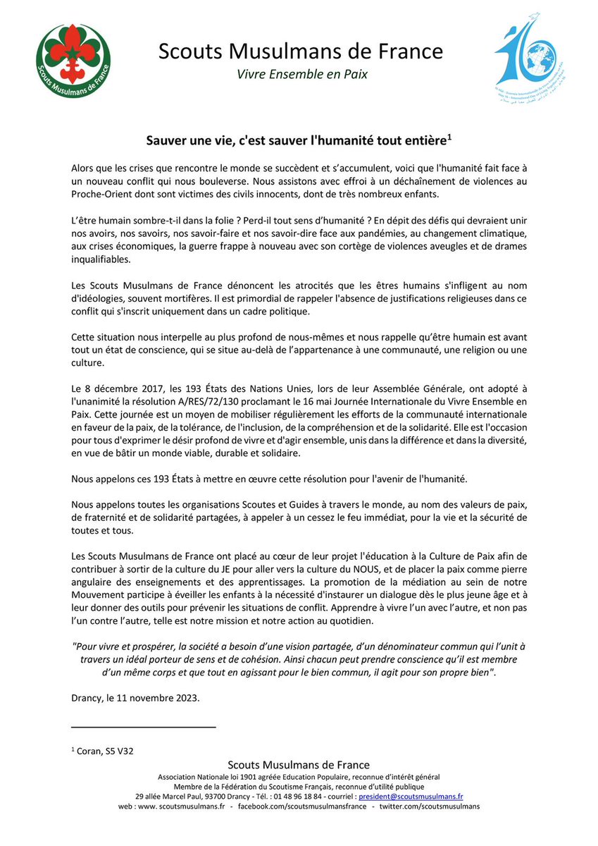 En ce jour , une pensée particulière pour toutes celles et ceux qui ont donné leur vie pour que les générations futures vivent en paix.
Les <a href="/ScoutsMusulmans/">Scouts Musulmans FR</a> réaffirment leur attachement profond à la sacralité de la vie et condamnent toute forme de haine et de discrimination.