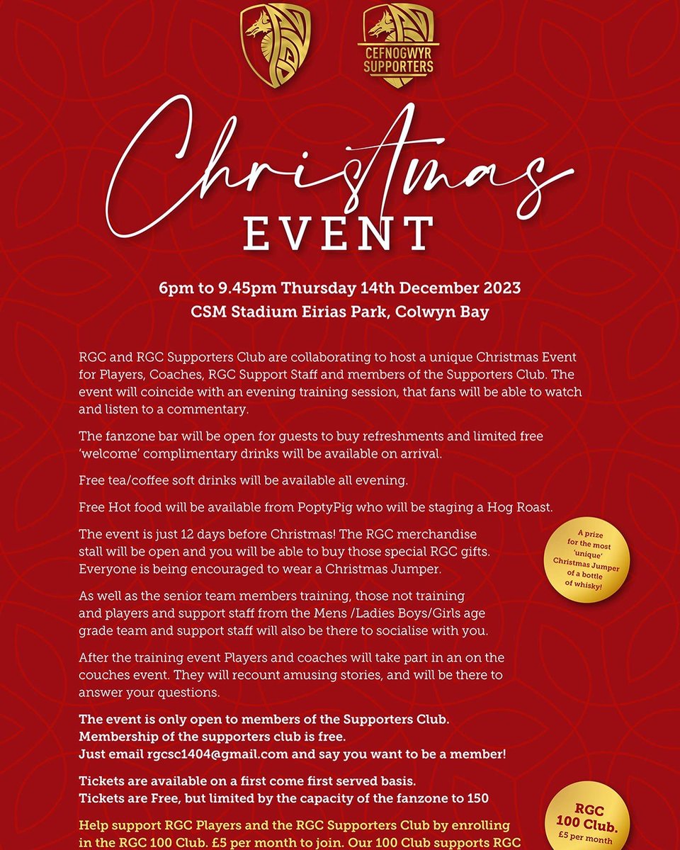 Digwyddiad Nadolig! Christmas Event! Tickets FREE to Supporters Club members - grab yours now!