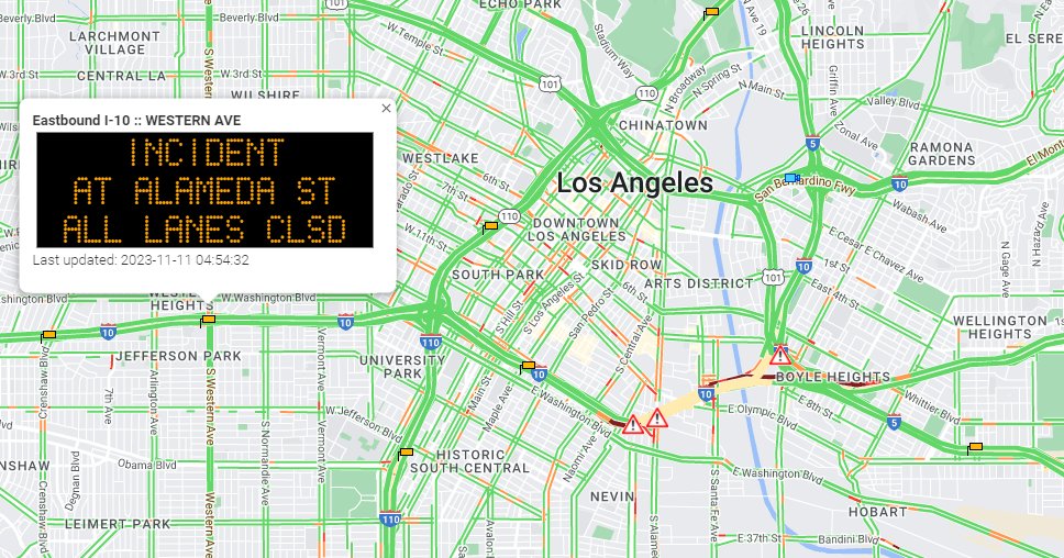 A large fire  🔥under the 10 Freeway thru #DTLA has ALL LANES CLOSED until further notice between Central Ave and the 5 Freeway @CaltransDist7 engineers will asses the viaduct and reopen once deemed safe, USE ALT ROUTE! @LAFDtalk @LAFD #latraffic #downtownlosangeles #downtownla