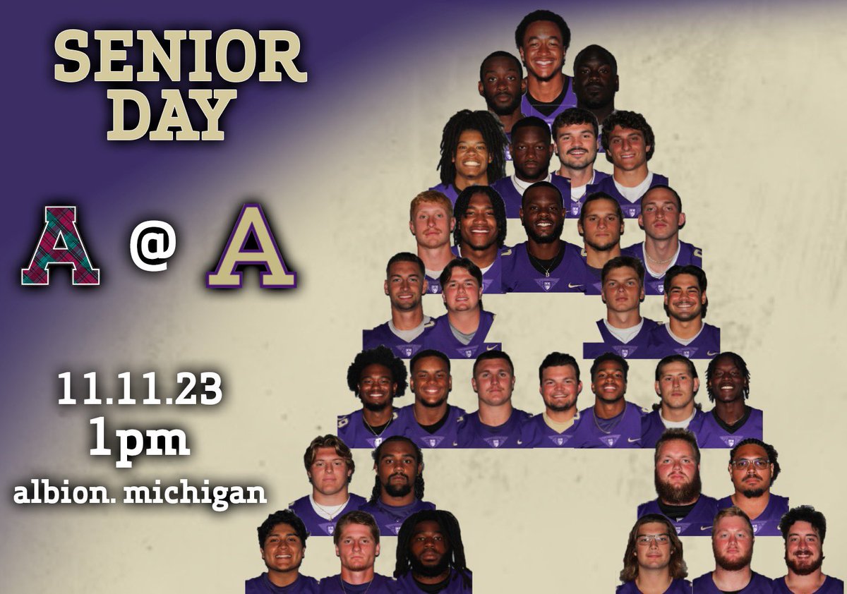 AlbionFootball's tweet photo. 👿S E N I O R  D A Y👿

Alma @ Albion College 
📍Albion, Michigan
🏟️ Sprankle-Sprandel Stadium
📅11.11.23
⏰1PM kick off
📊https://t.co/dbi8MGWuPb…
📺https://t.co/OcUWrxlDTC…

#PPP https://t.co/rDq4q1tWd7