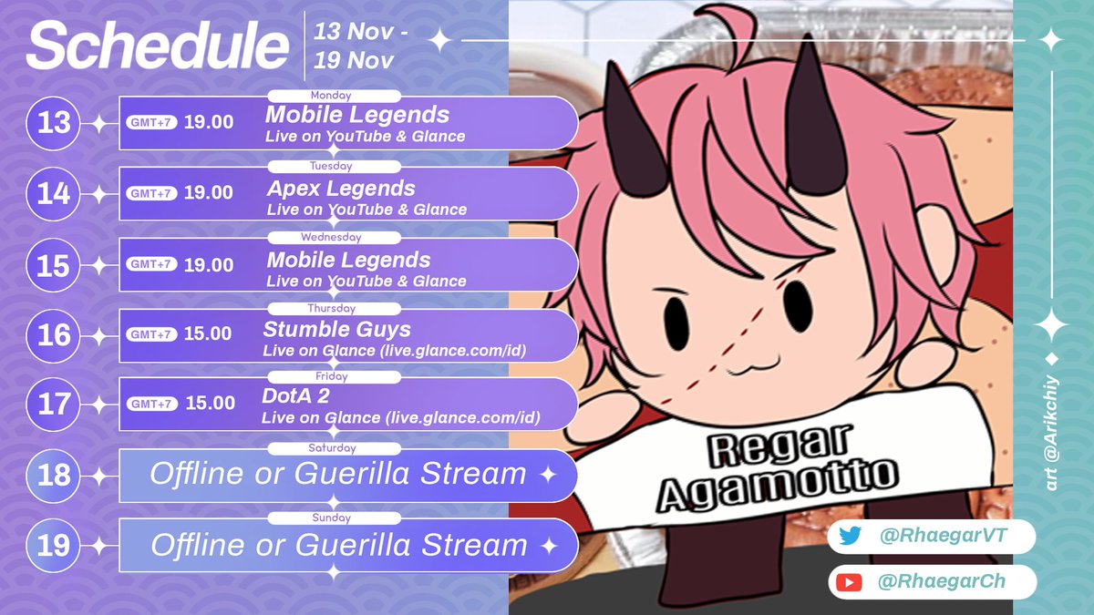 RhaegarVT's tweet photo. 【🧟Schedule 13 - 19 November🐉】
P SKEJUL
Ada kemungkinan ku bakal ngadain Guerilla Stream (kalau ada niat :3)
General: #RhaegarAgamotto
Live: #RhaeLIVE
Art: #RhaegArt
Memes: #Rhaeceh
Clips: #Rhaekaman
Art by: @Arikchiy https://t.co/NjxXGse5yy