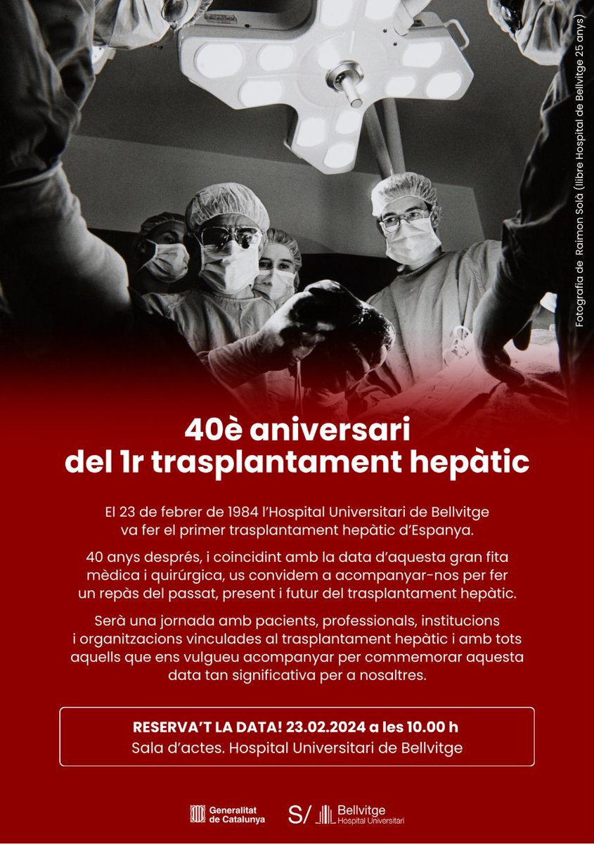 🗣️40è aniversari del 1r trasplantament hepàtic
🗓️23/II/24
L'#hbellvitge va ser el primer centre d'Espanya en realitzar aquesta gran fita mèdica i quirúrgica.
Us convidem a acompanyar-nos per fer un repàs del passat, present i futur del trasplantament hepàtic.👌
#orgullbellvitge