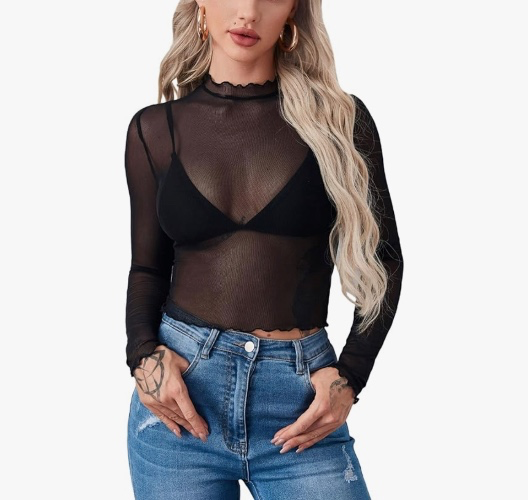 I just received Floerns Women's Long Sleeve See Though Sheer Mesh Crop Tee Tops - Small Black from Aj