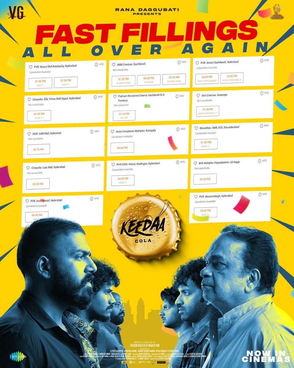Ramesh Pammy (@rameshpammy) on Twitter photo Super strong occupancies for the #BlockbusterKeedaaCola today! 💥🥁
Solid Second week on cards with extra shows being added.
Book your tickets now for #KeedaaCola
🎟 linktr.ee/bmstf
@TharunBhasckerD <a href="/RanaDaggubati/">Rana Daggubati</a> <a href="/VGSainma/">VG Sainma</a> <a href="/SureshProdns/">Suresh Productions</a> Super strong occupancies for the #BlockbusterKeedaaCola today! 💥🥁
Solid Second week on cards with extra shows being added.
Book your tickets now for #KeedaaCola
🎟 linktr.ee/bmstf
@TharunBhasckerD <a href="/RanaDaggubati/">Rana Daggubati</a> <a href="/VGSainma/">VG Sainma</a> <a href="/SureshProdns/">Suresh Productions</a>