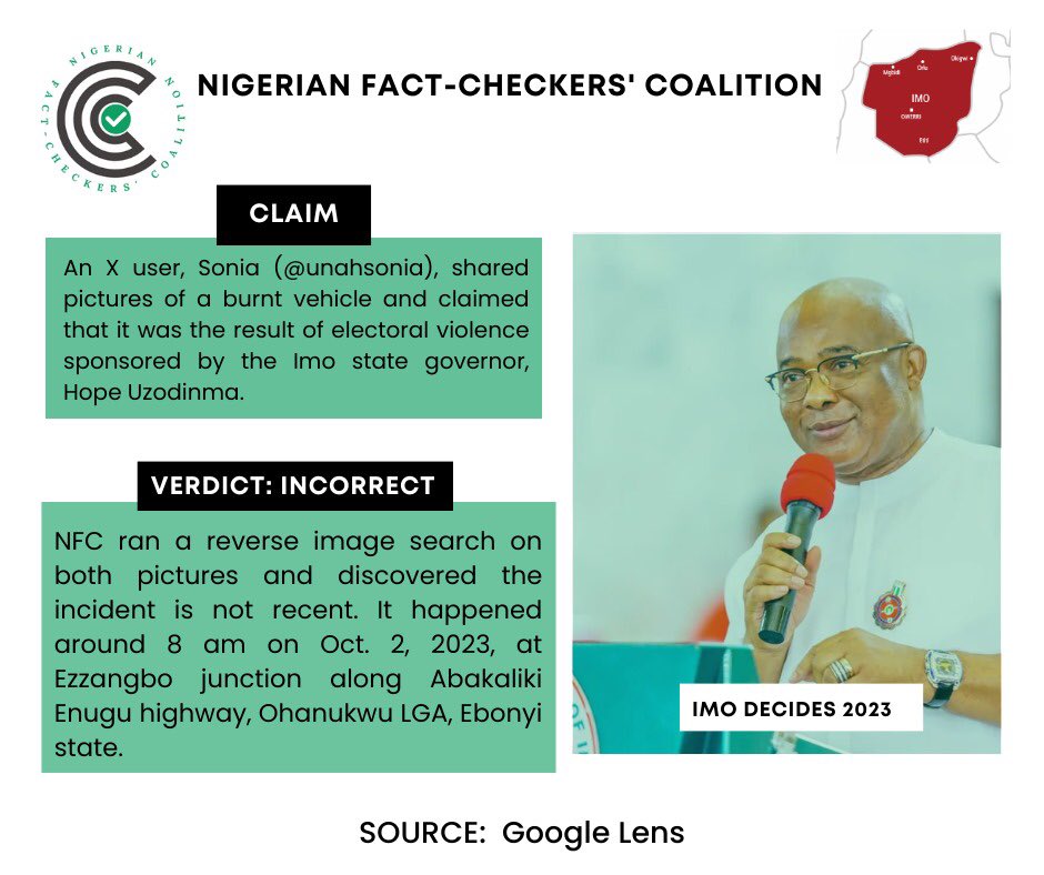 AfricaCheck_NG's tweet photo. An X user, Sonia (unahsonia), shared some pictures of a burnt vehicle and claimed that it was the result of electoral violence sponsored by the Imo state governor, Hope Uzodinma.
#imodecides #imoelection #2023election https://t.co/0na7HiOJDl