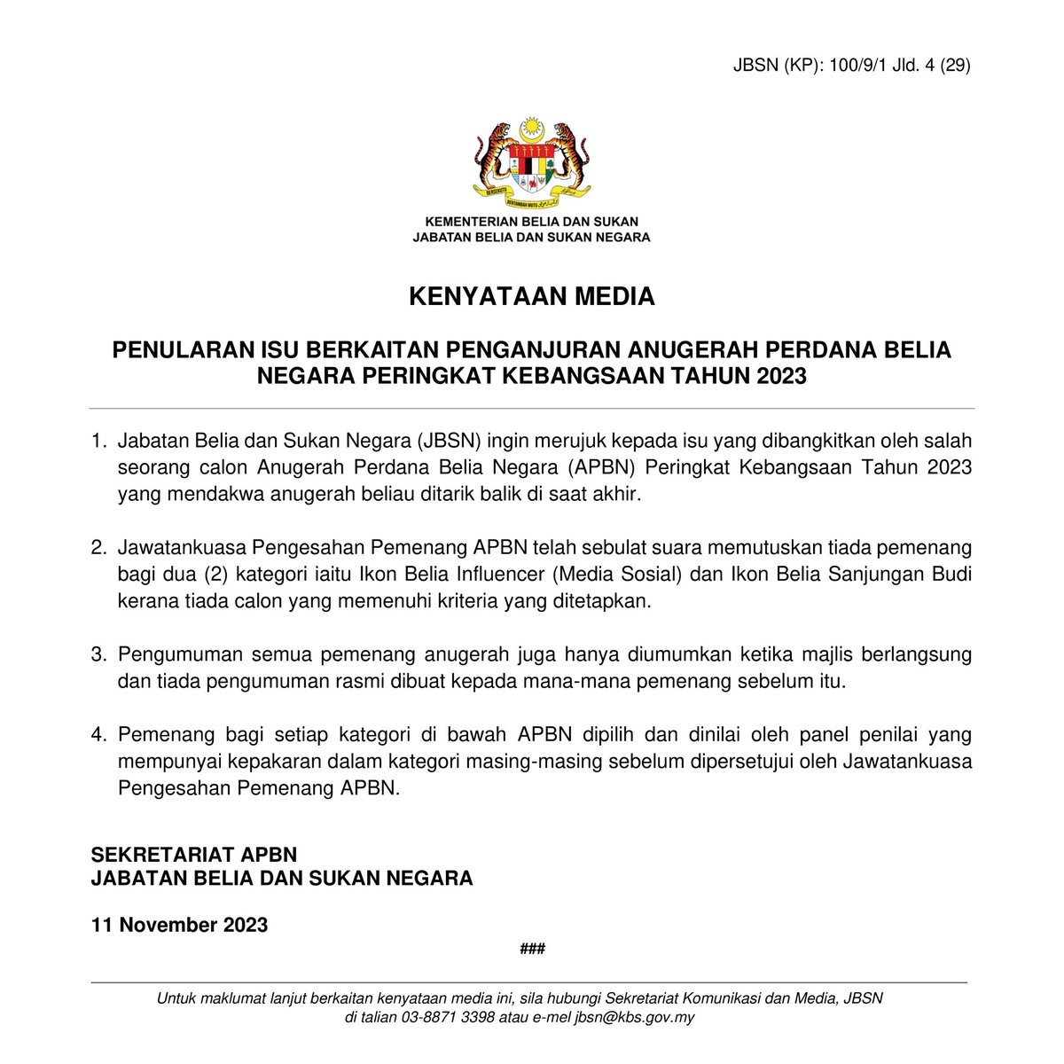 JBS_Negara's tweet image. KENYATAAN MEDIA 

Penularan Isu Berkaitan Penganjuran Anugerah Perdana Belia Negara Peringkat Kebangsaan Tahun 2023

#TeamKBS #TeamJBSN #JBSNBersama #MalaysiaMADANI