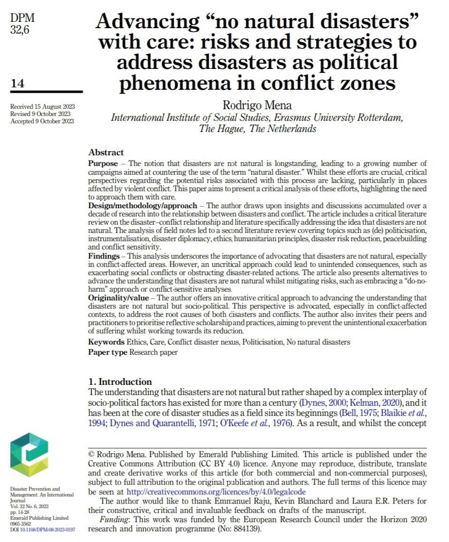 Promoting 'No Natural Disasters' is vital, but it might comes with risks, especially in conflict zones. In this article, I discuss why and how to advance #NoNaturalDisasters with care
 doi.org/10.1108/DPM-08…

At @DisasterPrevenM
#Disaster #Conflict
@NoNatDisasters @DesastresNo