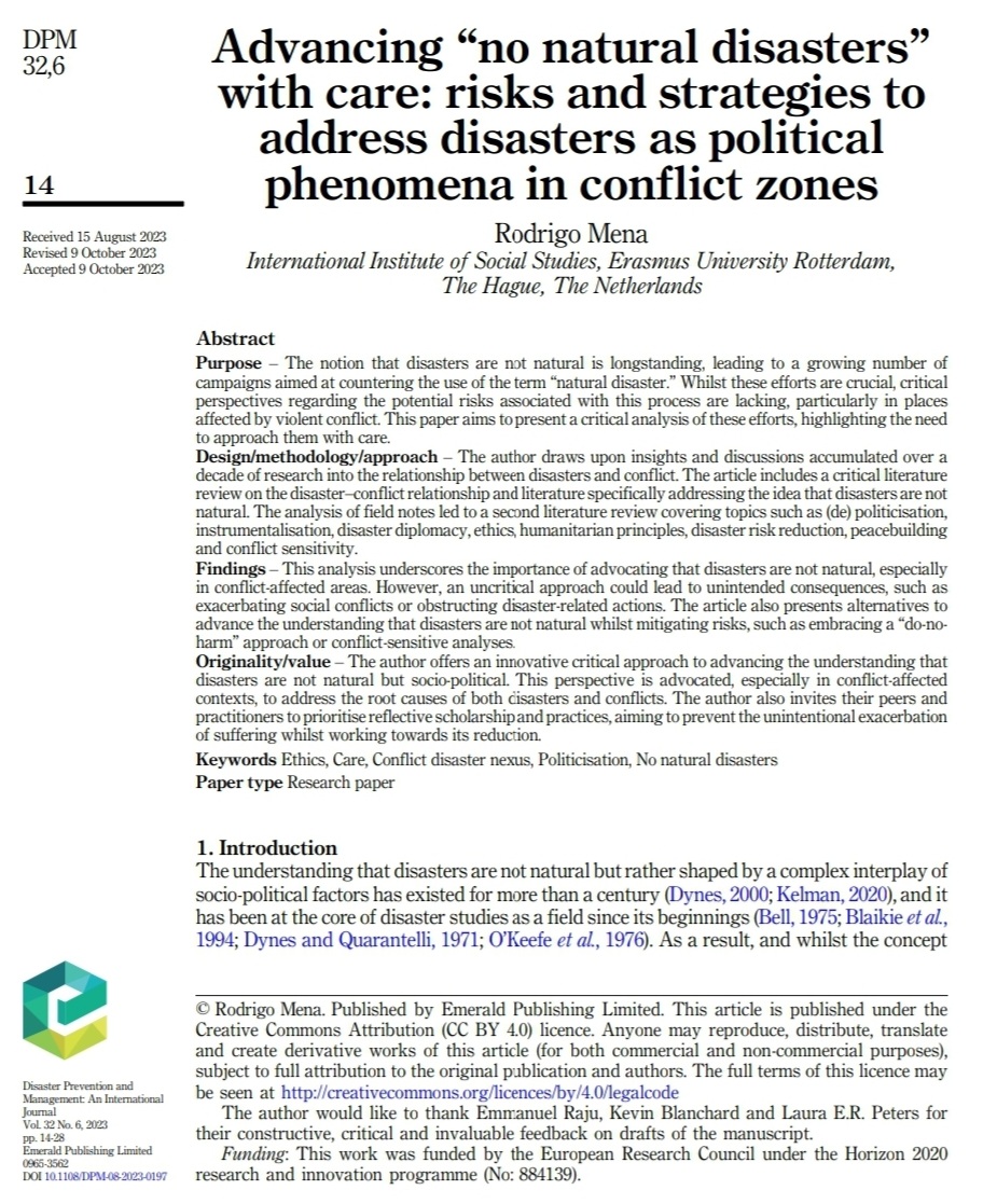 Rodrigo (Rod) Mena (@rodmenaf) on Twitter photo Promoting 'No Natural Disasters' is vital, but it might comes with risks, especially in conflict zones. In this article, I discuss why and how to advance #NoNaturalDisasters with care
doi.org/10.1108/DPM-08…
At <a href="/DisasterPrevenM/">Disaster Prevention and Management</a>
#Disaster #Conflict
<a href="/NoNatDisasters/">#NoNaturalDisasters</a> <a href="/DesastresNo/">LosDesastresNoSonNaturales</a> Promoting 'No Natural Disasters' is vital, but it might comes with risks, especially in conflict zones. In this article, I discuss why and how to advance #NoNaturalDisasters with care
doi.org/10.1108/DPM-08…
At <a href="/DisasterPrevenM/">Disaster Prevention and Management</a>
#Disaster #Conflict
<a href="/NoNatDisasters/">#NoNaturalDisasters</a> <a href="/DesastresNo/">LosDesastresNoSonNaturales</a>