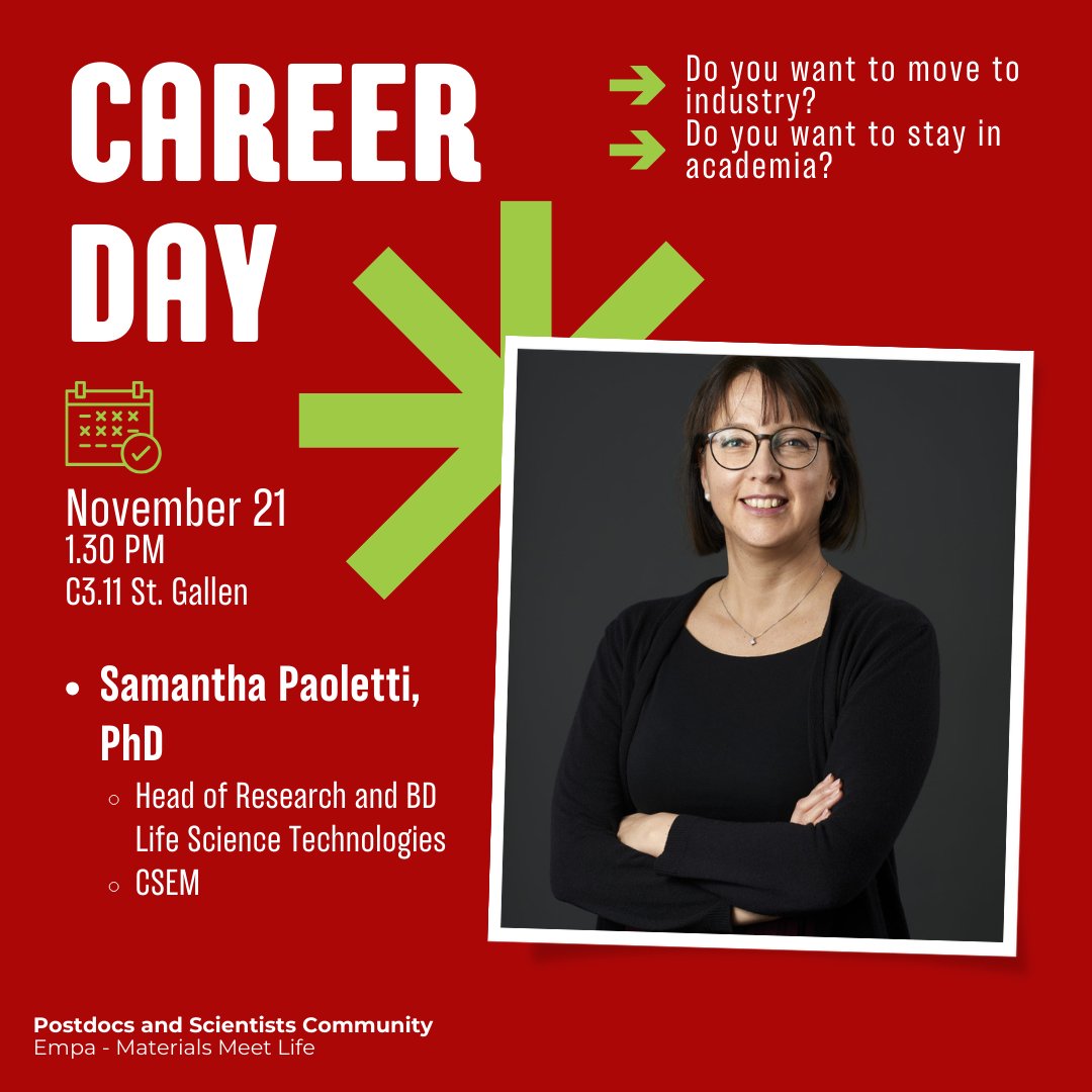 Postdocs_Empa40's tweet image. Excited to introduce our next speaker for the Career Day: Samantha Paoletti, Head of Research and BD Life Science Technologies at @CSEMInfo. She will share insights into her career journey and provide a glimpse into her daily experiences at CSEM. #WomenInBusiness #WomenInHealth