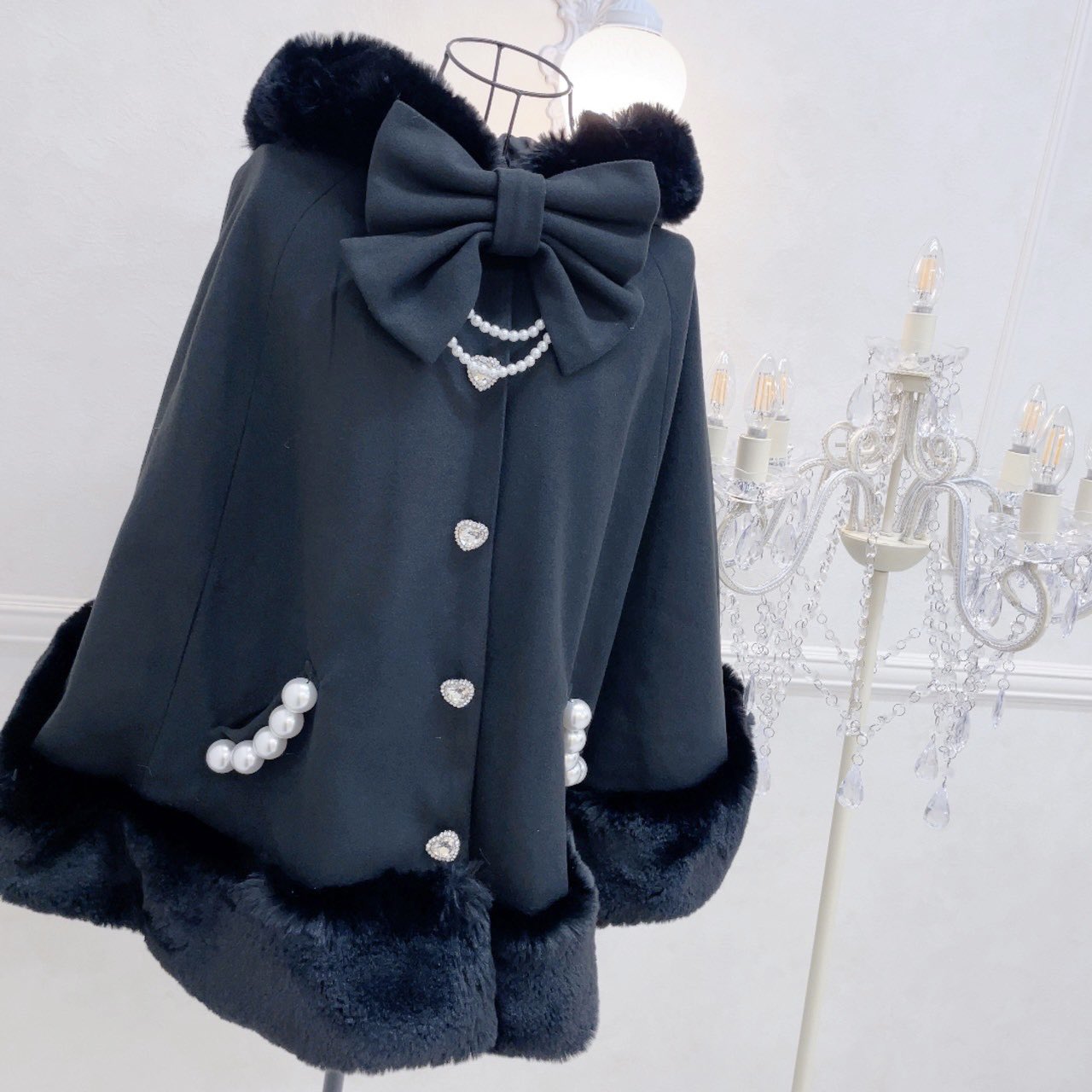 MARS リボン付きボリュームファーフードケープコート ポンチョ