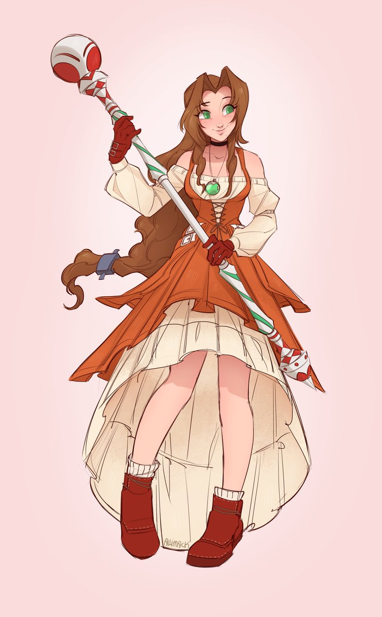 aerith gainsborough 1girl staff solo green eyes long hair dress brown hair  illustration images