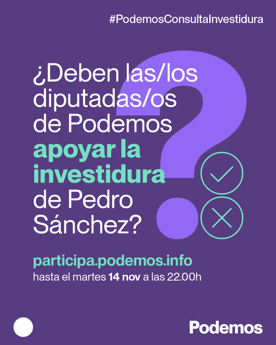 PODEMOS's tweet photo. 👉Tú decides si apoyamos exclusivamente la investidura de Pedro Sánchez la semana que viene.

#PodemosConsultaInvestidura.

Entra en https://t.co/tHCuaVFTlY https://t.co/Joz3rmYtUi