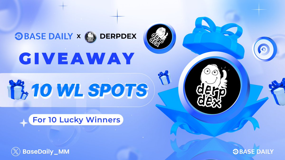 BaseDaily_MM's tweet photo. 🌟 PARTNERSHIP GIVEAWAY ALERT! 🌟

🚀 We're thrilled to announce that our partner, @DerpDEXcom is having their $DERP IDO soon and they are giving away 10 WHITELIST SPOTS to our community!

✅ Check out their IDO details here! https://t.co/OuGso4OnCt

To participate...
1. Follow @DerpDEXcom and @BaseDaily_MM
2. Like, RT their IDO Announcement https://t.co/sWE7YFuy2c
3. Tag 3 friends in this giveaway tweet

🎁 10 $DERP IDO WHITELIST SPOTS
🕔 48 HOURS ONLY!

Join their derpventure and go to the moon
#BaseDaily #BuildOnBase #derpingtothemoon