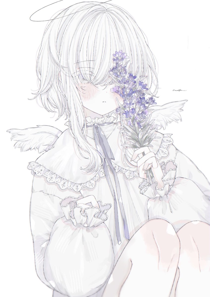 flower 1girl solo wings white hair holding halo  illustration images