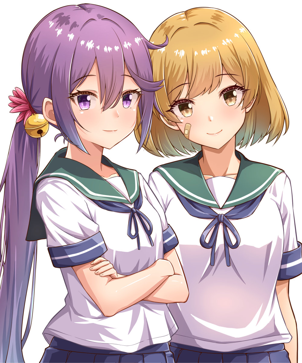 akebono (kancolle) ,oboro (kancolle) multiple girls 2girls hair bell school uniform serafuku long hair flower  illustration images