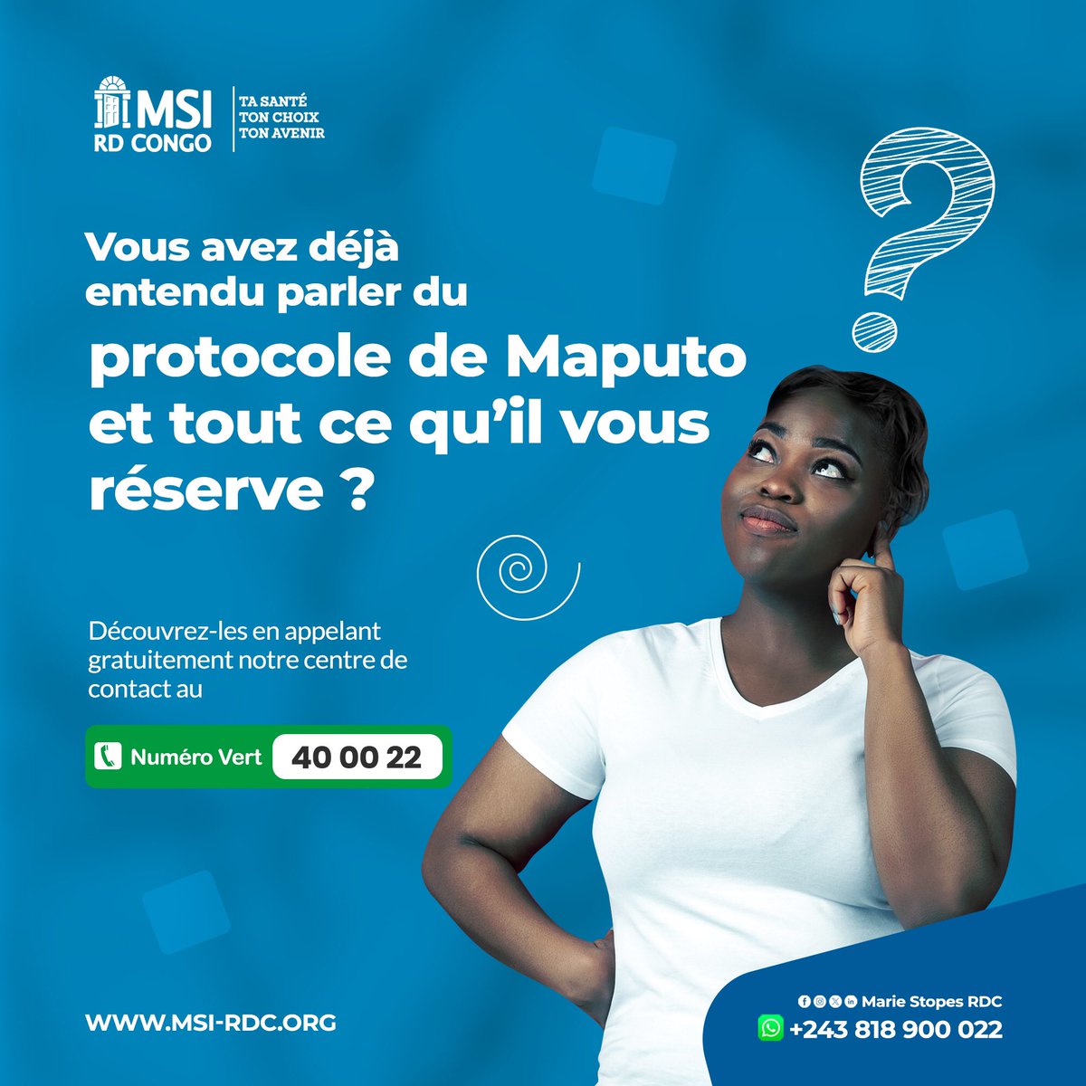 Le protocole de Maputo est un traité international africain qui promeut et garantit aux africains un paquet des droits y compris en matière de santé sexuelle.
 
Pour connaître ces droits qui sont aussi les vôtres, appelez-nous gratuitement au 40 00 22.
 
#ProtocoledeMaputo