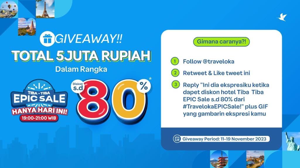 MIMIN BAGI-BAGI 5 JUTA! Dalam rangka Tiba Tiba EPIC SALE😍

Caranya gampang banget lho!
- Follow <a href="/traveloka/">Traveloka Indonesia</a> 
- Retweet &amp; Like tweet ini
- Reply “Ini ekspresiku ketika dapet diskon Tiba Tiba EPIC Sale s.d 80% dari #TravelokaEPICSale!” + GIF yang gambarin ekspresi kamu

Goodluck!💙