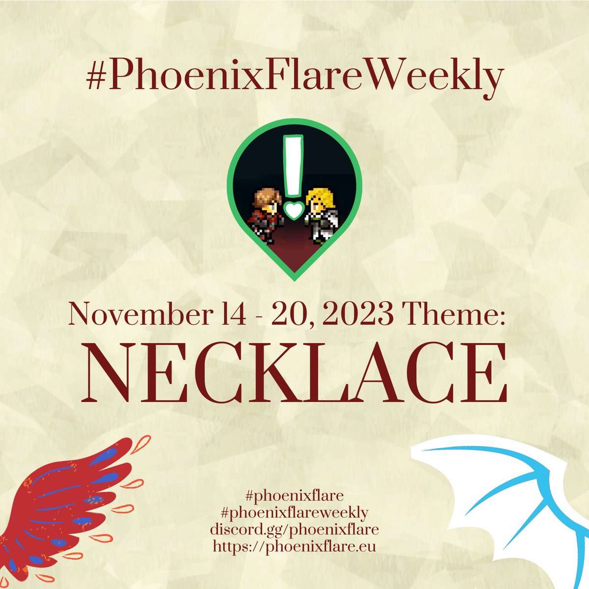PhoenixFlareXVI's tweet photo. This week's #PhoenixFlareWeekly prompt is "Necklace"!
Tag your creations with @PhoenixFlareXVI
and #PhoenixFlareWeekly and drop your contributions in the comments! #PhoenixFlare π¦π
FAQ: https://t.co/9lDOEr8uKe https://t.co/cugnzfQdjS