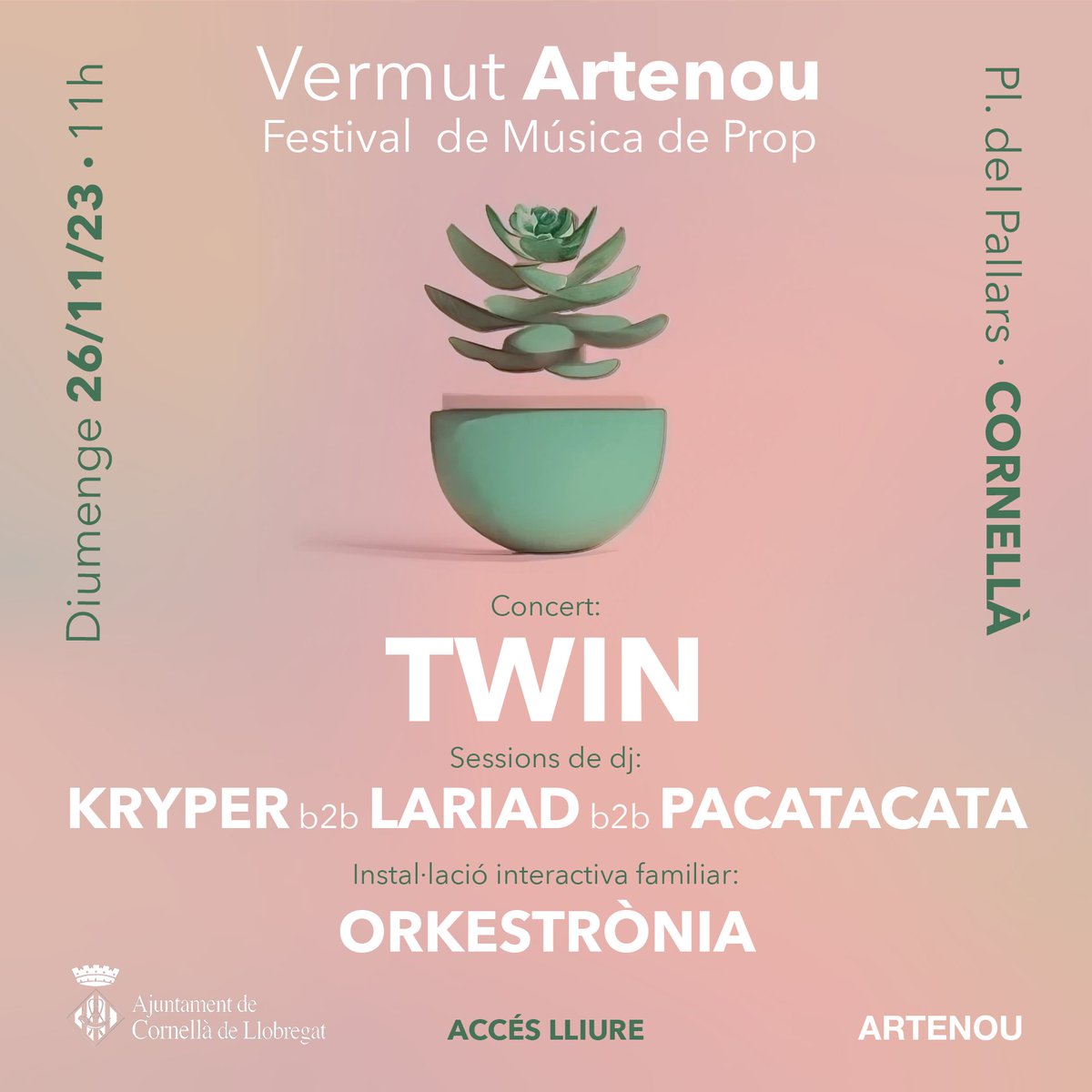 El que estàs veient no és cap miratge, és completament real. Hem tornat. I ho fem amb la millor companyia possible.

🎤 <a href="/__TWIN_TWIN_/">TWIN</a> 
🎧 Kryper  b2b Lariad b2b Pacatacata
🚀 Orkestrònia de la Cia. La Cresta

📍 Plaça del Pallars, Cornellà. Diumenge 26 de novembre a les 11:00h.