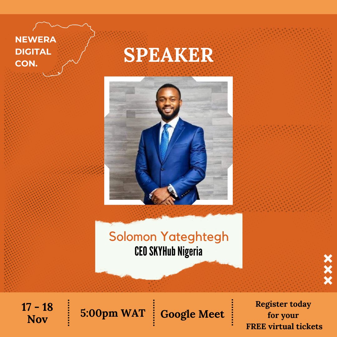 Excited to unveil Solomon Yateghtegh @YateghteghSKY as our keynote speaker at this year's Newera Digital Conference! 🌐 
With 7+ years of digital expertise, Solomon is a seasoned IT/T Consultant, Digital Media Strategist, and Founder of SKYHUB NIGERIA. @SKYHubNigeria