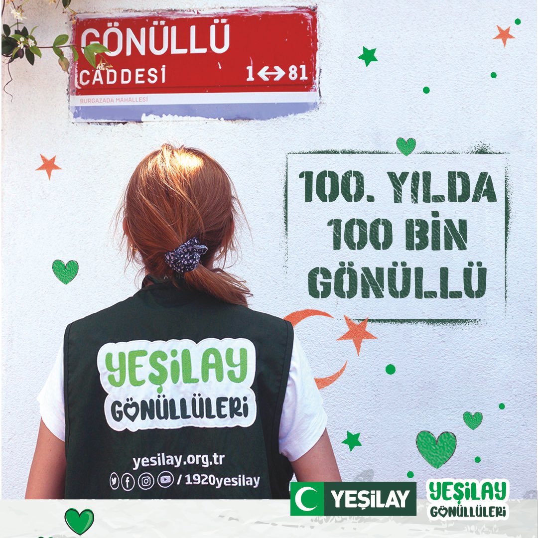 1920yesilay's tweet photo. "100. yılda 100 bin gönüllü..."

Türkiye Cumhuriyetimizin 100’üncü yaşında, 100 bin gönüllüye ulaştığımızı büyük bir mutlulukla sizlerle paylaşıyoruz. 💚

📌Sen de büyük Yeşilay ailemizin bir parçası olup topluma fayda sunmak istersen https://t.co/PVz77xNwdd linkimizden gönüllü başvurunu yapabilirsin.

#Yeşilay #YeşilayGönüllüleri