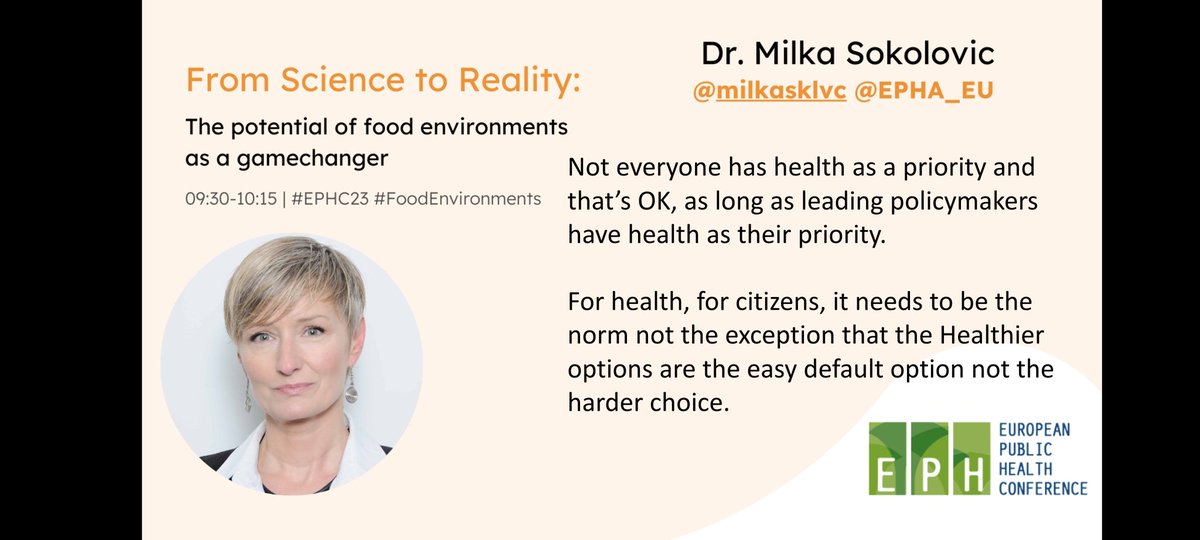 EPHA_EU's tweet photo. Milka highlights how much evidence there is on why we need to make the healthy option the easiest. Now action is needed to to change food environments so all are healthy by default.
#EPHC23 #FoodEnvironments https://t.co/Ou97X08FJp