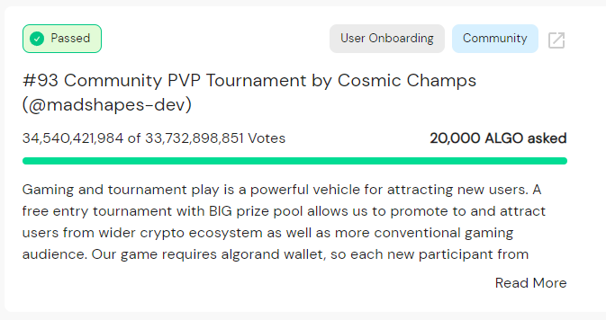 Gm Champs!
We are happy to say our xGov PVP tournament proposal has already passed🤩⚔️

The community collab NFTs proposal is halfway passed too! Thanks for all the support.

Have a great weekend and see you on the battlefield beta.cosmicchamps.com

#ALGO #algofam #P2E