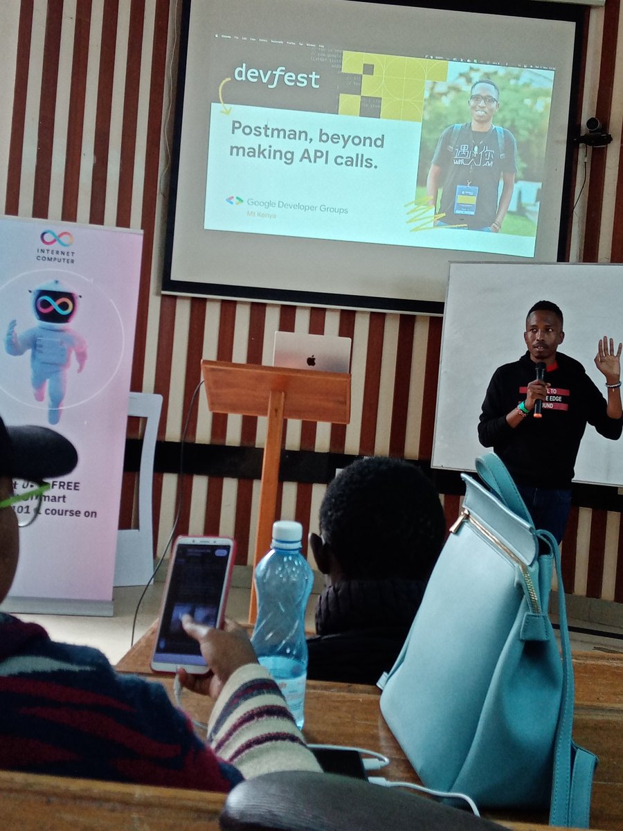 Speaker number 3: Edwin Kuria a backend developer. Presents: Postman beyond making API calls. He poses a question: How are we using postman today? @GDG_Nyeri @GdgnyeriC @gdsc_dekut @DeKUTkenya #DevFest2023 #DevMtKenya #GDSC #GDGNYERI