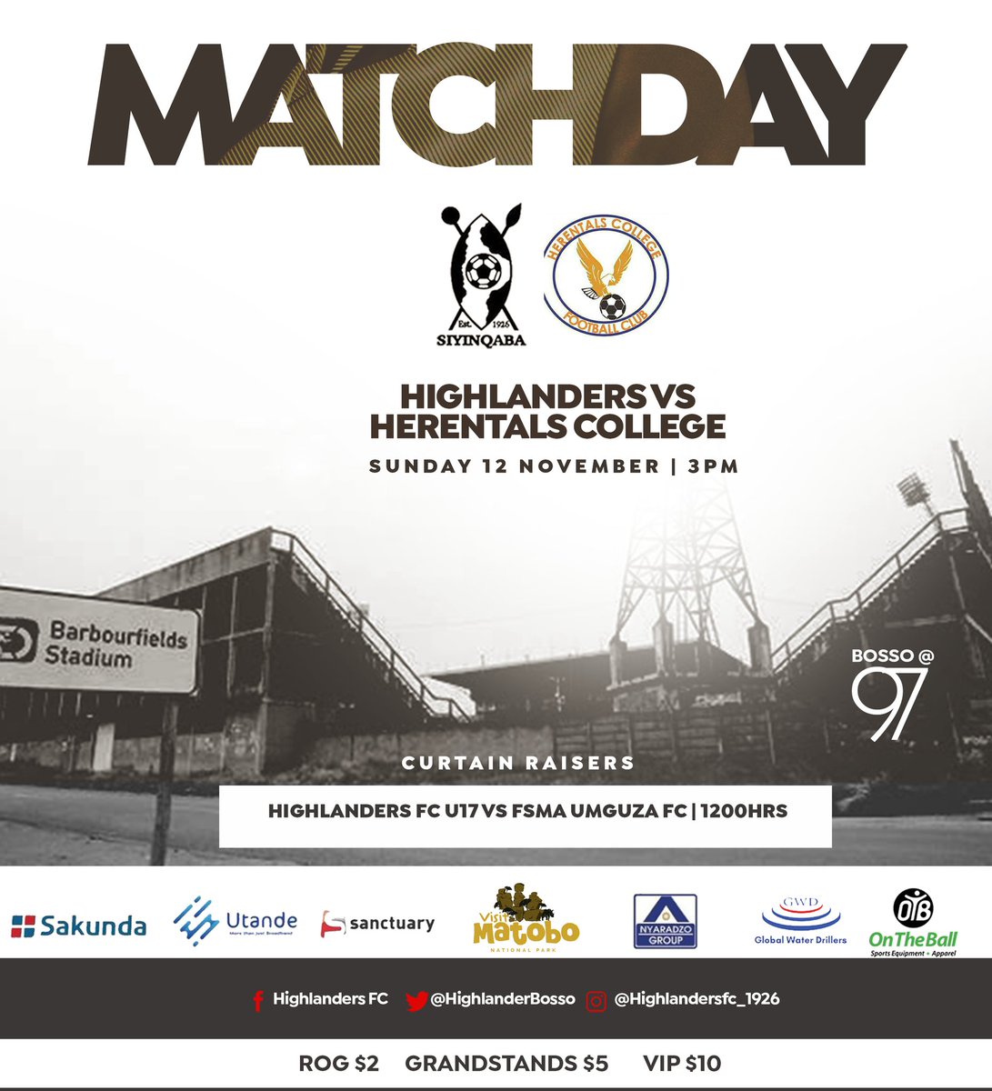 Back in action tomorrow ⚽ 🏟️

Gates open at 11 am 

Curtain raiser match
Highlanders FC U17 vs FSMA uMguza FC 
Time 12:00 
Main match kicks off at 15:00 hrs
ROG $2 Grandstands $5 VIP$10

#Bosso #SIYINQABA