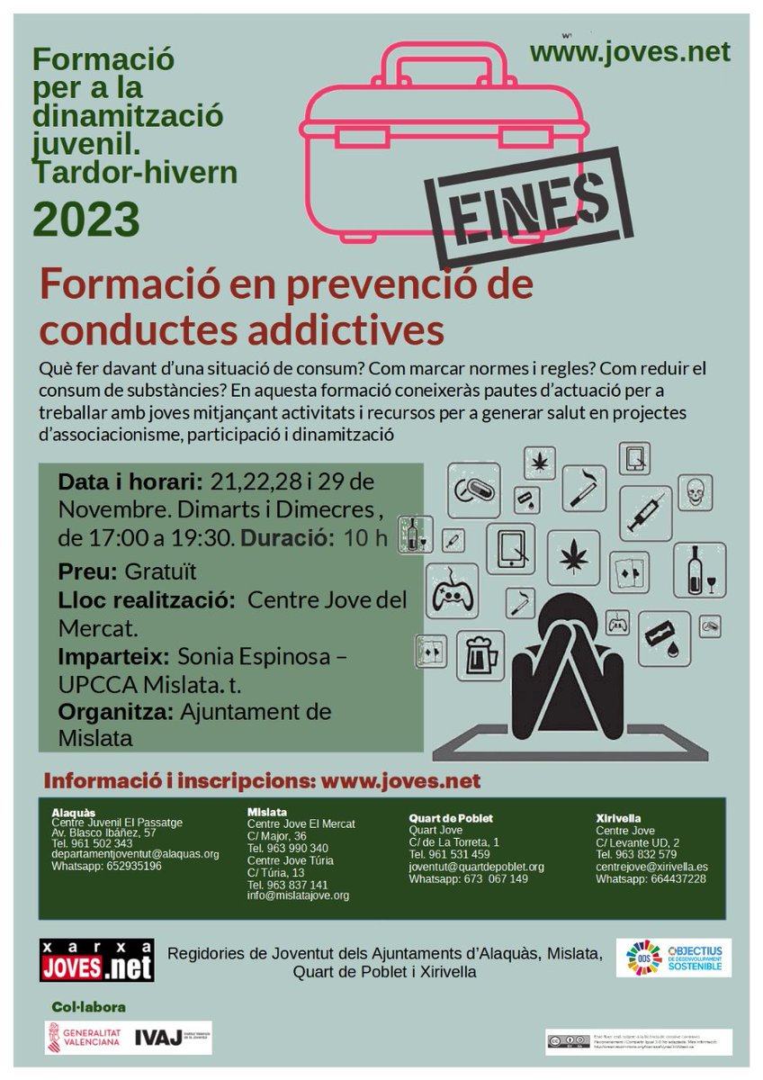 jovesnet's tweet photo. 📢 Nou curs gratuït ❗️

📝 Formació en prevenció de conductes addictives. 

🗓 Inici: dimarts, 21 de novembre. 

📍 Centre Jove del Mercat. 

🔗 Inscripcions https://t.co/tPfB3uMB8i

#jovesnet #xarxajoves #ivaj #formació #joventut https://t.co/vRsusNmbCp