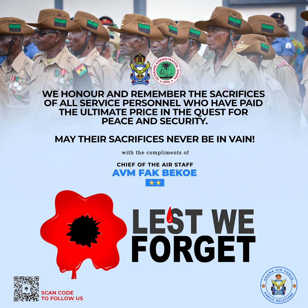 Happy Remembrance Day
.
.
.
#gharmedforces #GhanaArmy #GhanaNavy #ghanaairforce #ghanapolice #ghanafireservice #ghanaprisonservice #veterans #poppy #remembranceday
