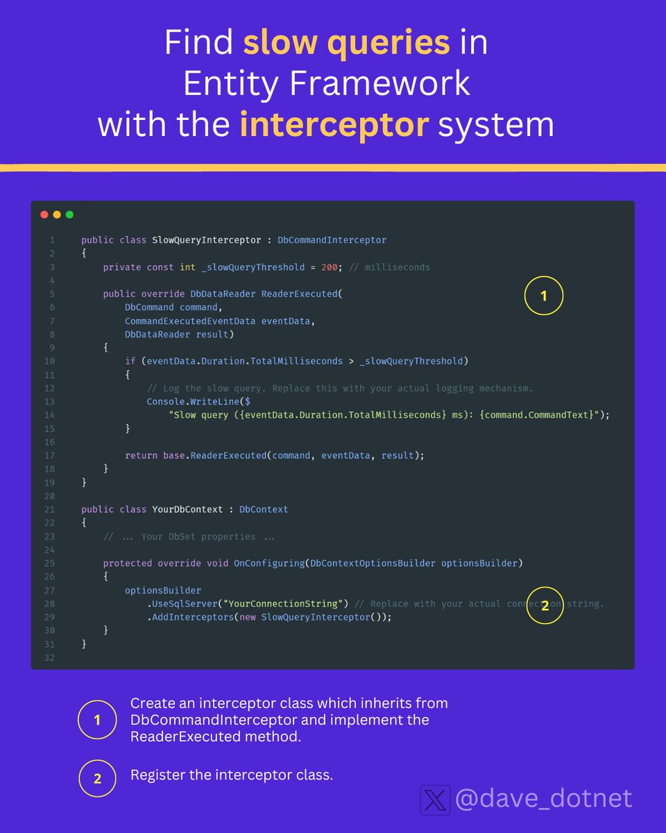 Dave_DotNet's tweet image. How to find slow queries in Entity Framework  ⬇ 

By using Entity Frameworks interceptor system and hooking into the ReaderExecuted event we can see exactly how long queries are taking to execute.  

Bookmark it! 

#dotnet #efcore